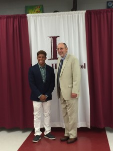 Doug Bauer (right), a classmate of Ralph Gregg, presented The Class of 1964 Ralph Gregg Memorial Scholarship to Joseph Robinson (left).