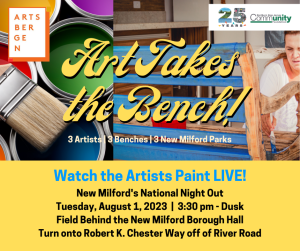 Artists will paint live in "Art Takes the Bench!" on August 1 in New Milford, New Jersey.